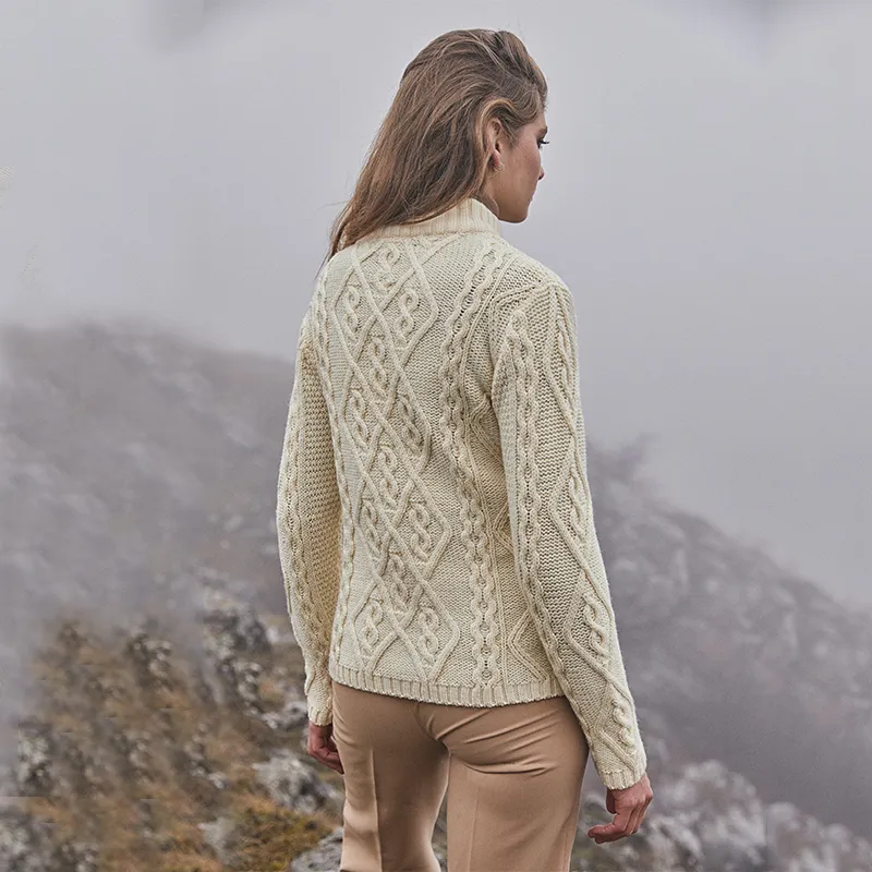 A20251 NATURAL WHITE Colour Ladies Berry Cable Knit Aran Sweater Back Side View Gaelsong