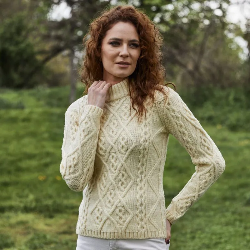 A20251 NATURAL WHITE Colour Ladies Berry Cable Knit Aran Sweater Gaelsong
