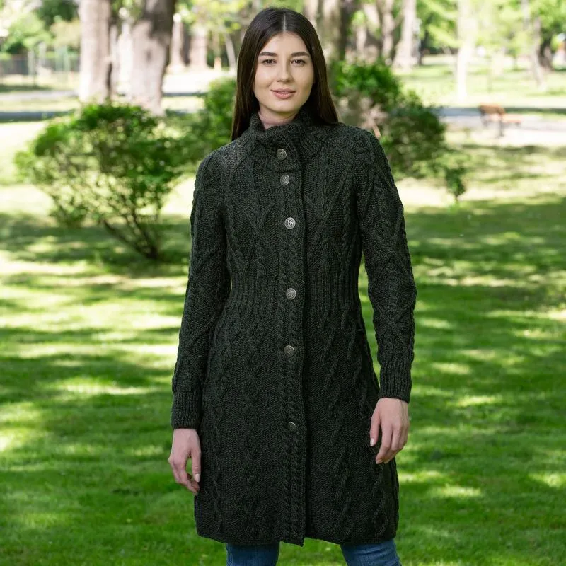 A20254 ARMY GREEN Colour Cable Merino Aran Jacket Gaelsong