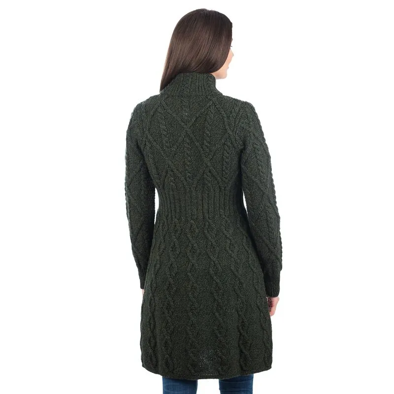 A20254 ARMY GREEN Colour Cable Merino Aran Jacket Studio Back Side View   Gaelsong