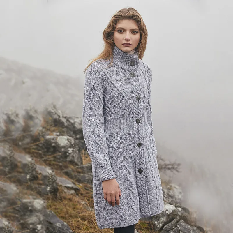 A20254 GREY Colour Cable Merino Aran Jacket Gaelsong