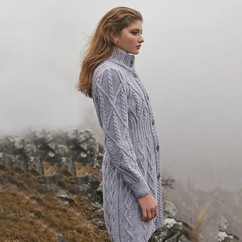 A20254 GREY Colour Cable Merino Aran Jacket Side View Gaelsong