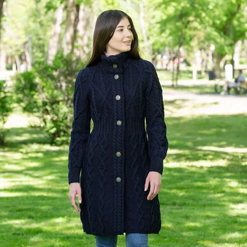 A20254 NAVY Colour Cable Merino Aran Jacket Gaelsong
