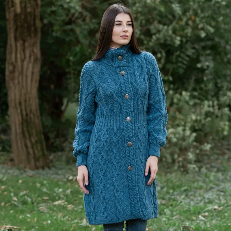 A20254 TEAL BLUE Colour Cable Merino Aran Jacket Gaelsong