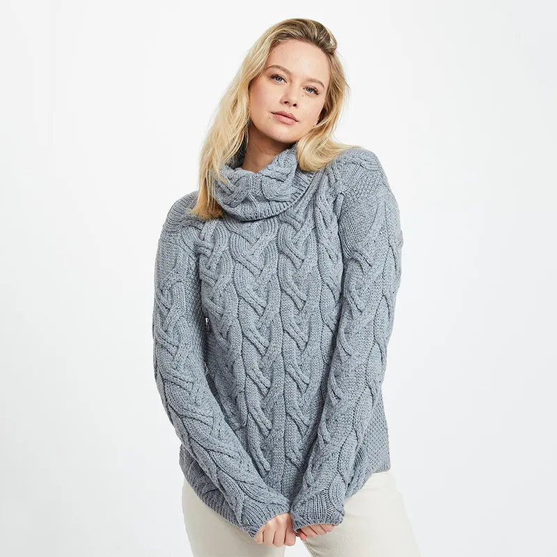 A20255 MISTY BLUE Colour Chunky Cable Cowl Neck Irish Sweater Lifestyle Gaelsong