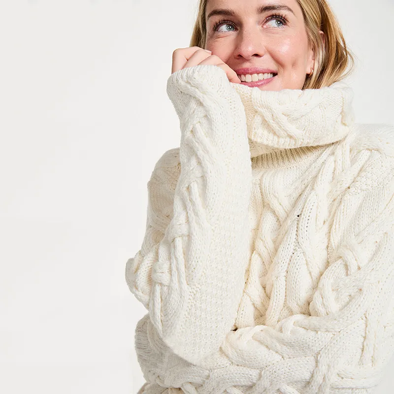A20255 NATURAL WHITE Colour Chunky Cable Cowl Neck Irish Sweater Closeup View Gaelsong