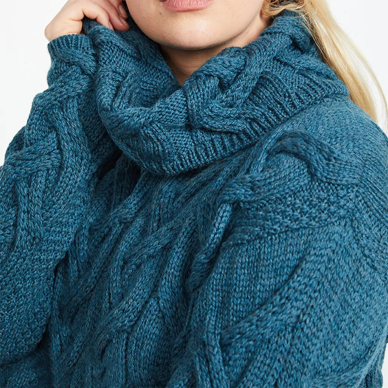 A20255 TEAL BLUE Colour Chunky Cable Cowl Neck Irish Sweater Closeup View  Gaelsong
