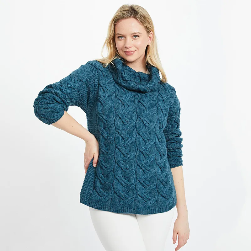 A20255 TEAL BLUE Colour Chunky Cable Cowl Neck Irish Sweater Gaelsong