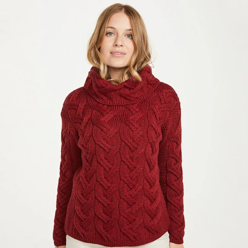 A20255 Color RED Chunky Cable Cowl Neck Irish Sweater Front Side Gaelsong