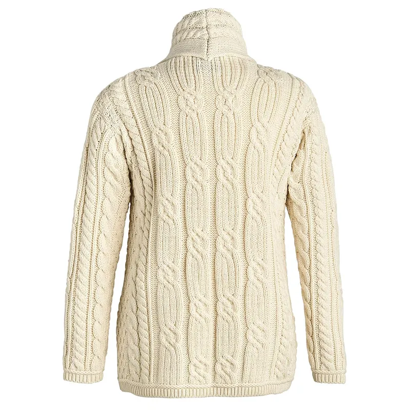 A20256 NATURAL WHITE Colour Shawl Collar Aran Cardigan Back Side View Gaelsong
