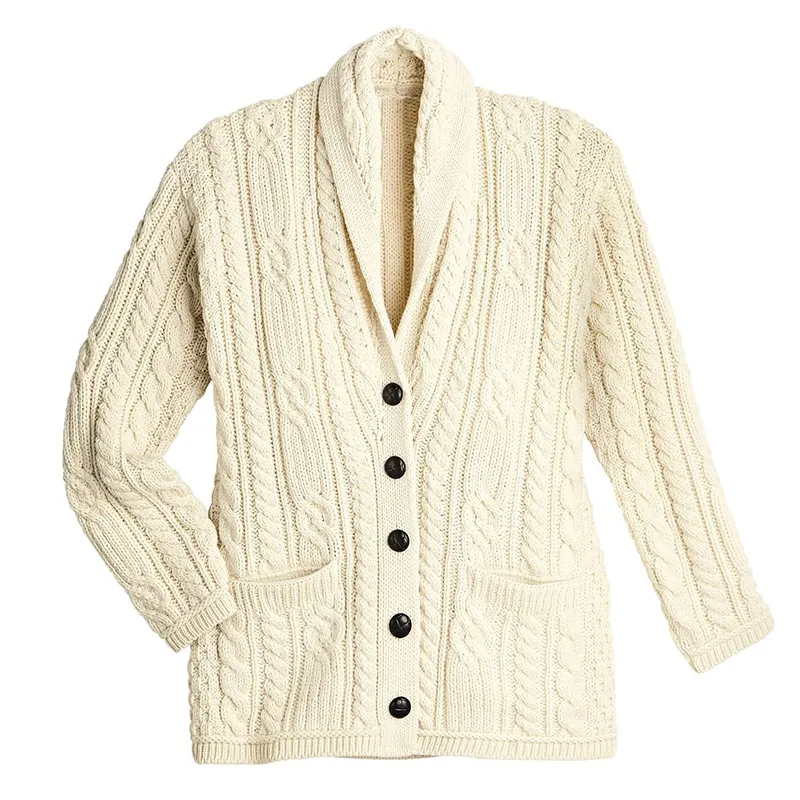 A20256 NATURAL WHITE Colour Shawl Collar Aran Cardigan Gaelsong