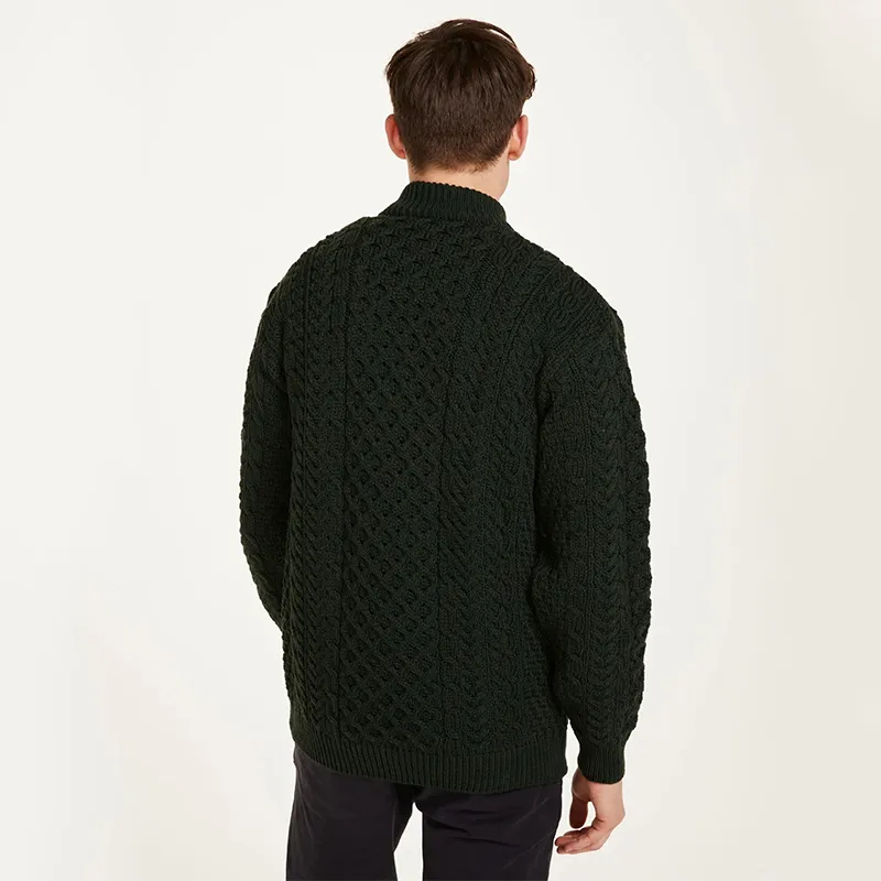 A20258 ARMY GREEN Colour Men's Merino Half Zip Aran Sweater Back Side View Gaelsong