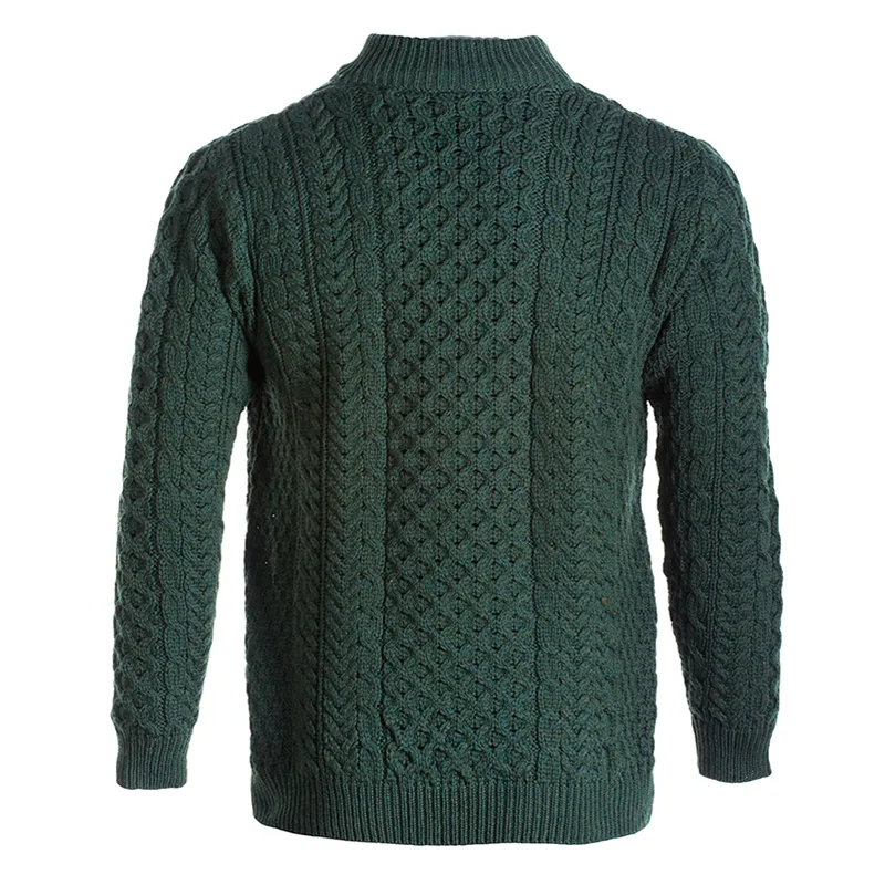 A20258 ARMY GREEN Colour Men's Merino Half Zip Aran Sweater Studio Back Side Gaelsong