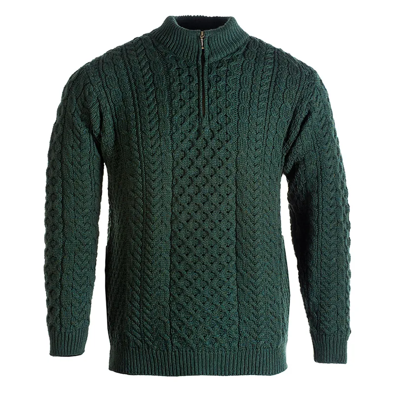 A20258 ARMY GREEN Colour Men's Merino Half Zip Aran Sweater Studio Front Gaelsong