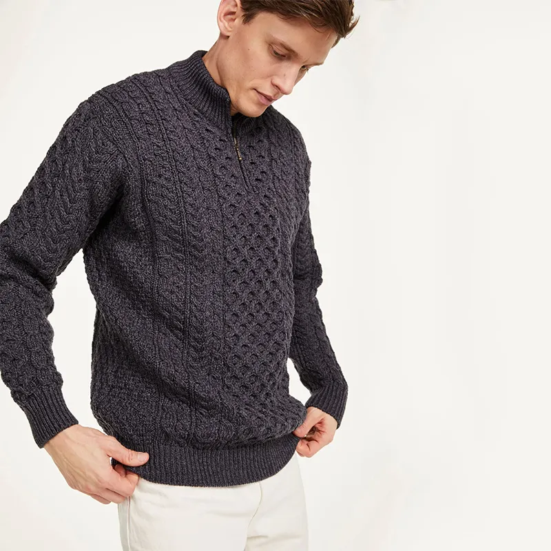 A20258 ARMY GREEN Colour Men's Merino Half Zip Aran Sweater Gaelsong