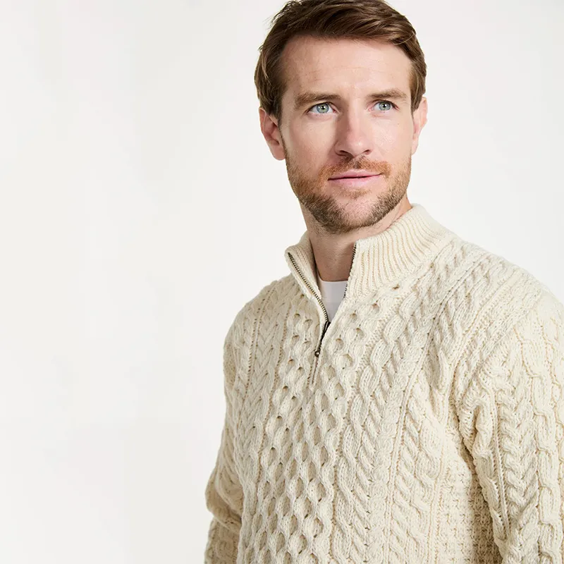 A20258 WHITE Colour Men's Merino Half Zip Aran Sweater Closep View Gaelsong