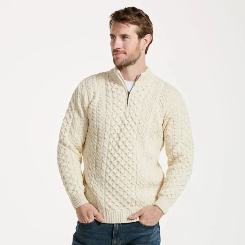 A20258 WHITE Colour Men's Merino Half Zip Aran Sweater Gaelsong
