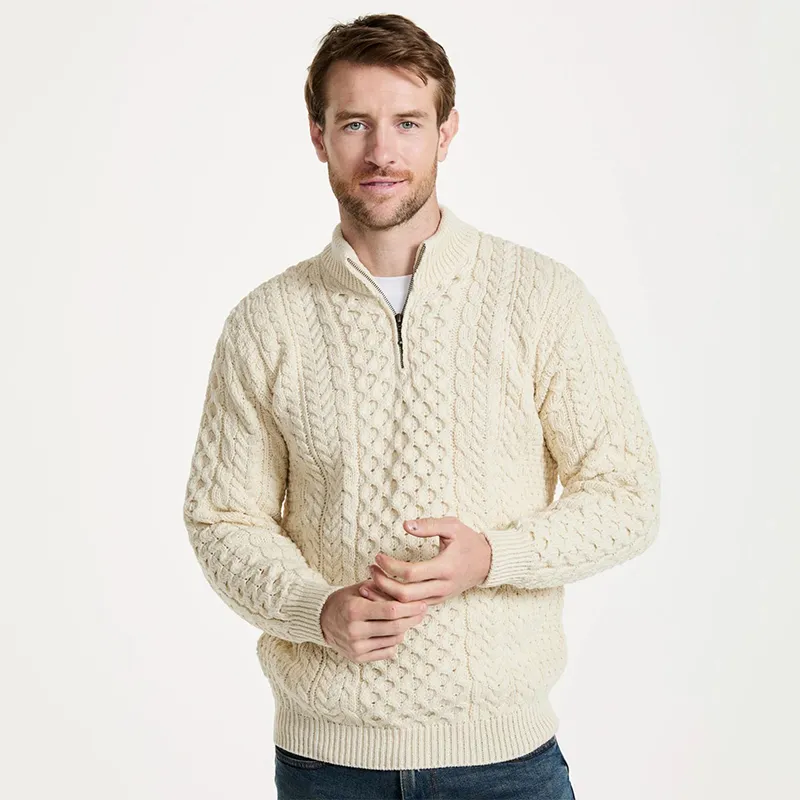 A20258 WHITE Colour Men's Merino Half Zip Aran Sweater  Studio Gaelsong