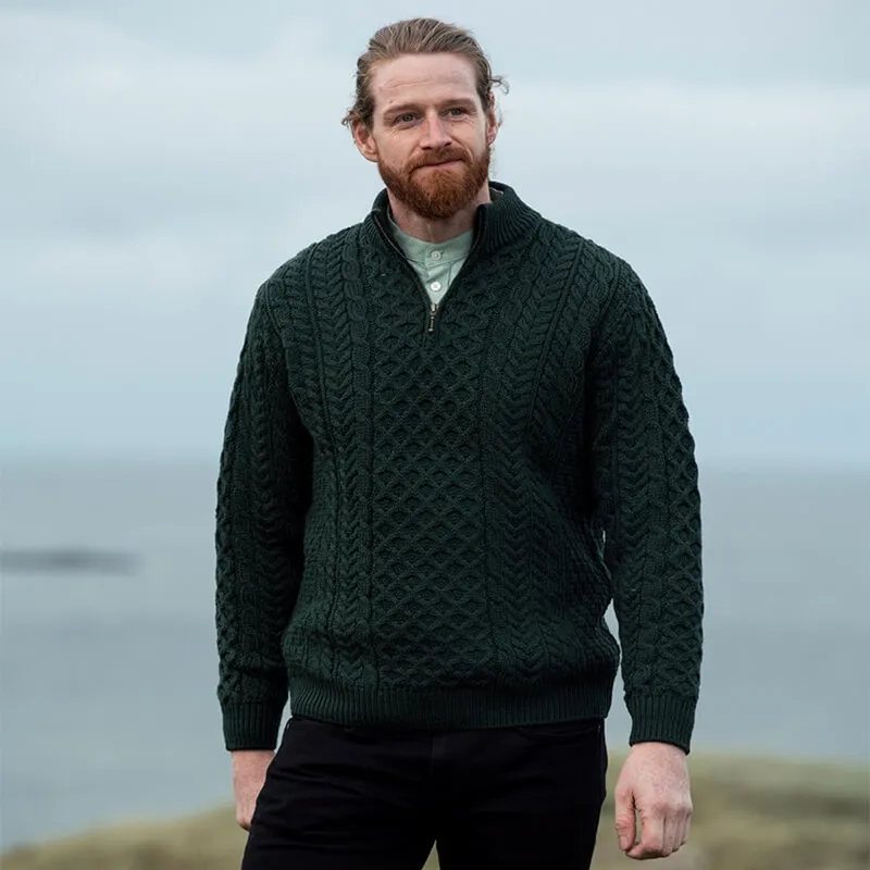 A20258 Color ARMY GREEN Half Zip Aran Sweater Lifestyle Gaelsong