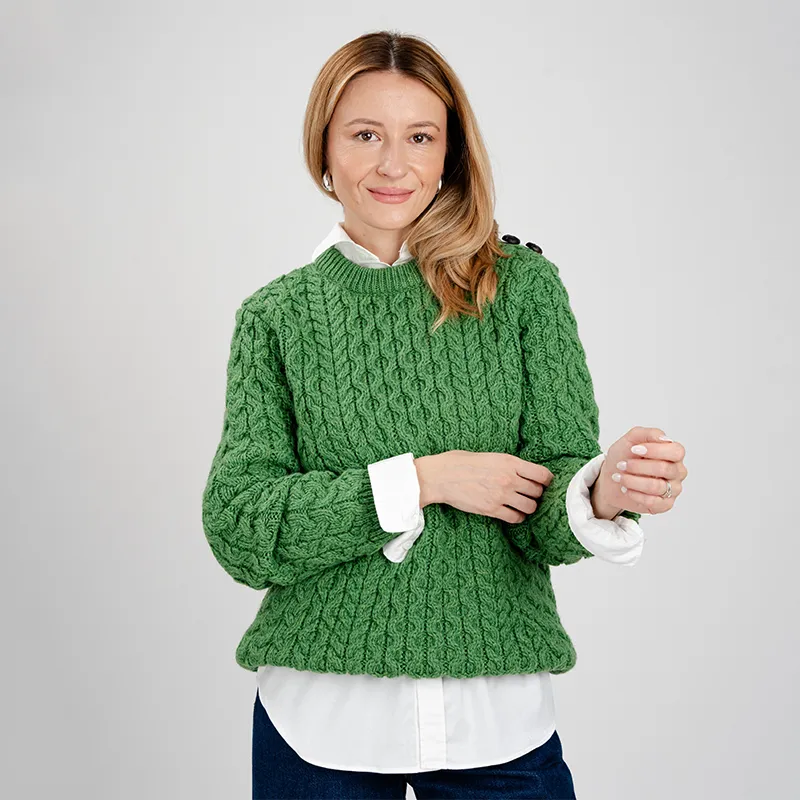 A20267 GREEN Colour Side Button Honeycomb Irish Sweater Styling Gaelsong