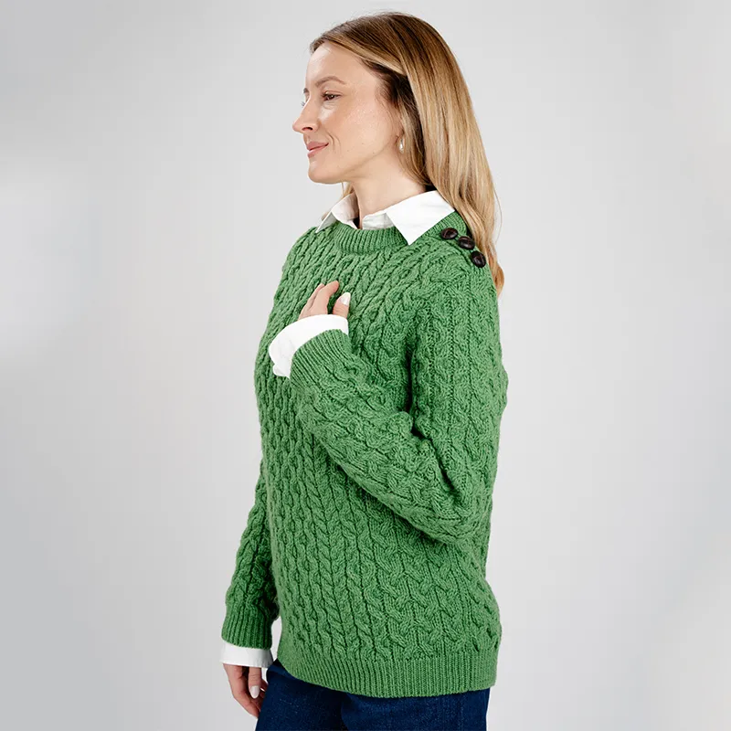 A20267 GREEN Colour Side Button Honeycomb Irish Sweater Side View Gaelsong
