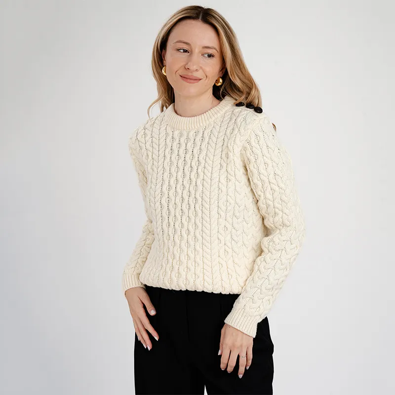 A20267 NATURAL WHITE Colour Side Button Honeycomb Irish Sweater Gaelsong