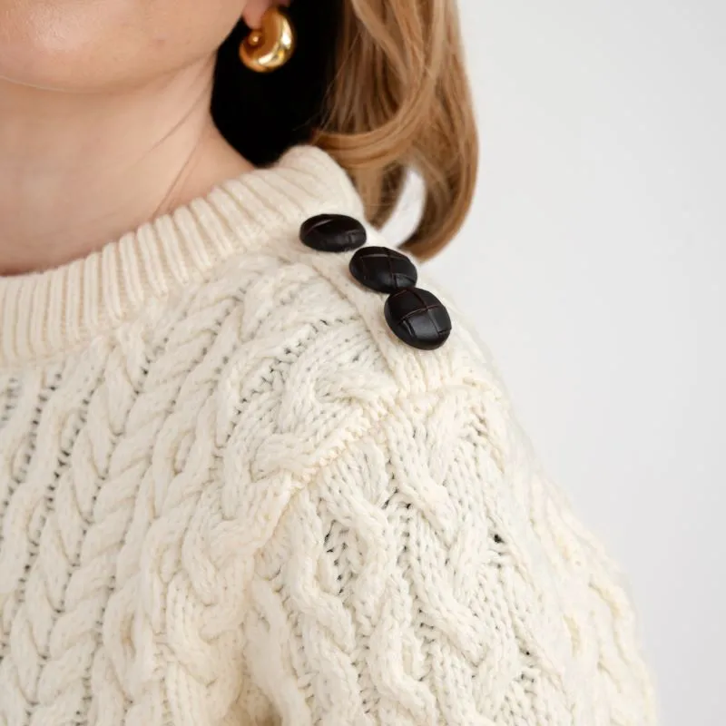 A20267 NATURAL WHITE Colour Side Button Honeycomb Irish Sweater Closeup Buttons View Gaelsong