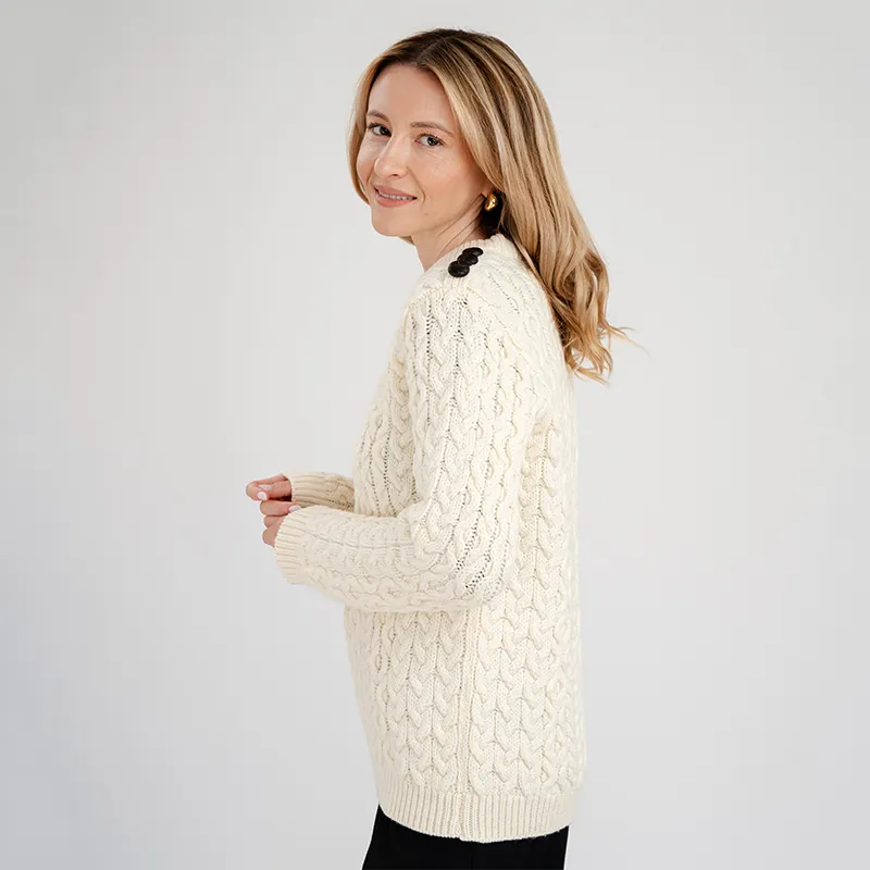 A20267 NATURAL WHITE Colour Side Button Honeycomb Irish Sweater Side View Gaelsong