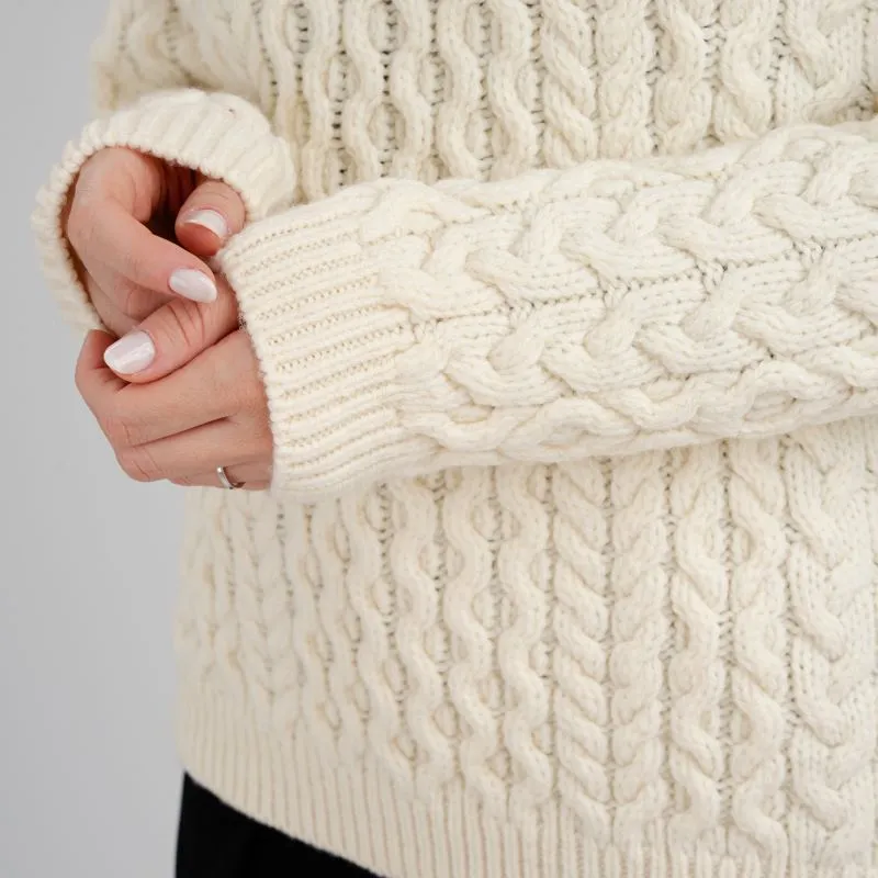 A20267 NATURAL WHITE Colour Side Button Honeycomb Irish Sweater Closeup Sleeve View Gaelsong