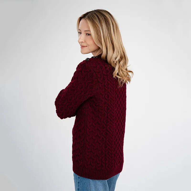 A20267 WINE Colour Side Button Honeycomb Irish Sweater Side View Gaelsong