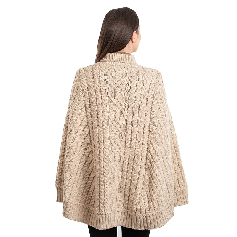 A20269 PARSNIP Colour Irish Country Knit Poncho Studio Back Side Gaelsong