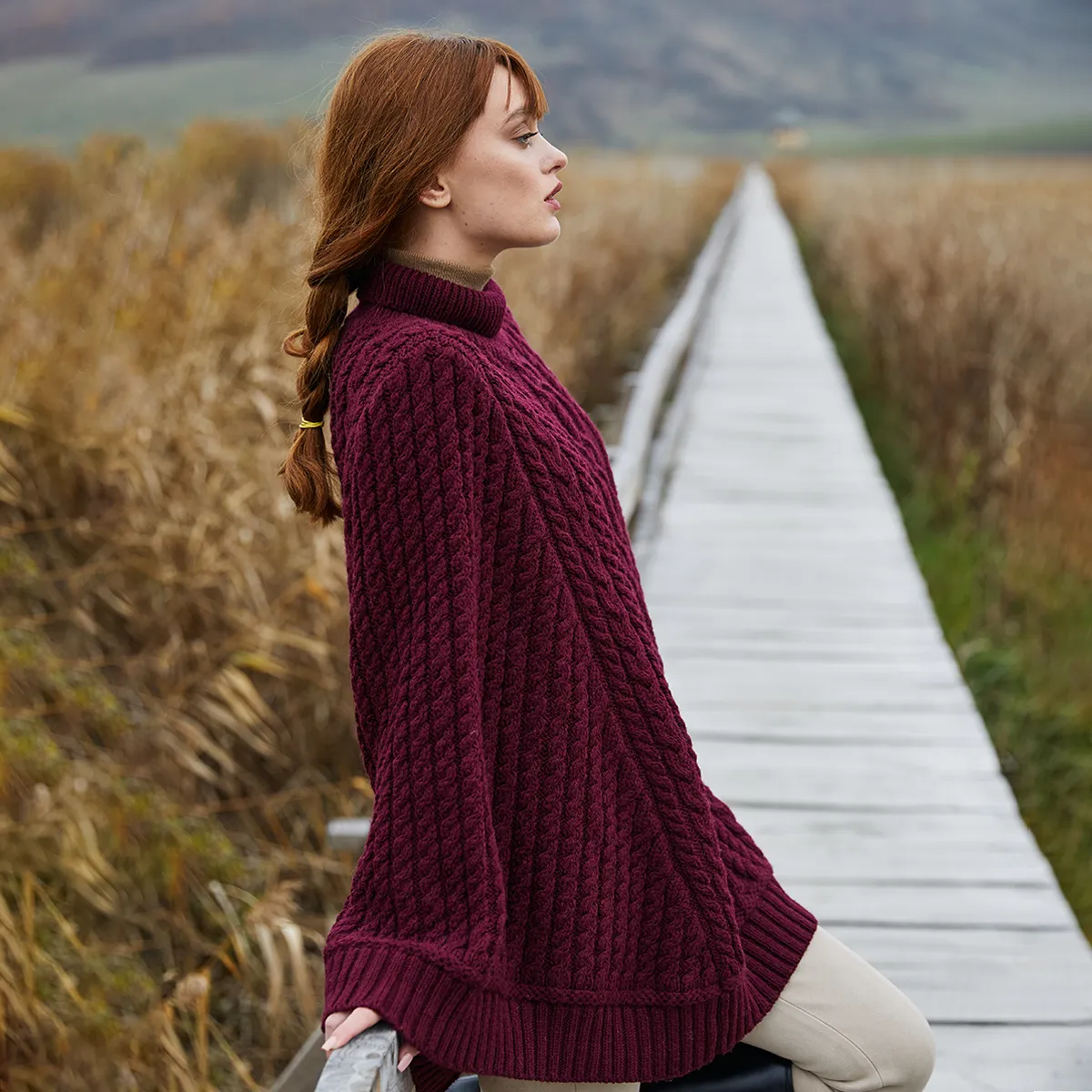 A20269 WINE Colour Irish Country Knit Poncho Side View Gaelsong
