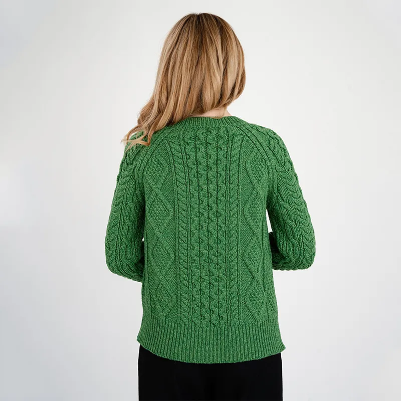 A20272 GREEN Colour Cropped Aran Knit Cardigan Back Side Gaelsong