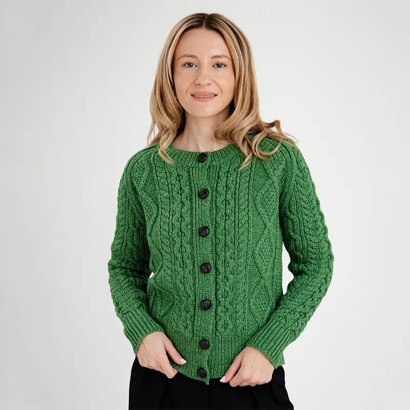 A20272 GREEN Colour Cropped Aran Knit Cardigan Gaelsong