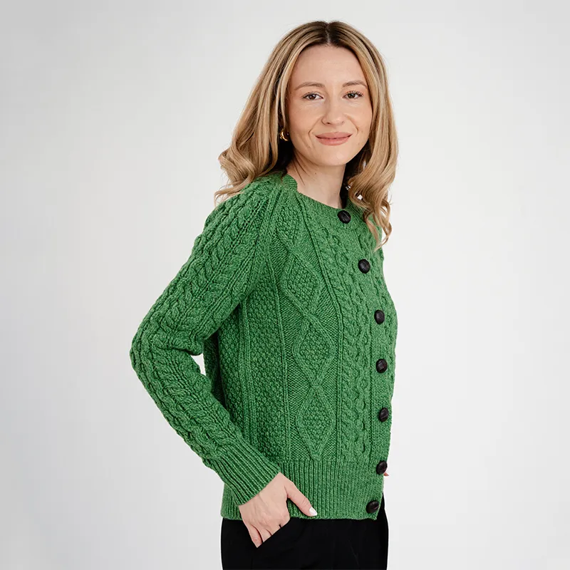 A20272 GREEN Colour Cropped Aran Knit Cardigan Side View Gaelsong