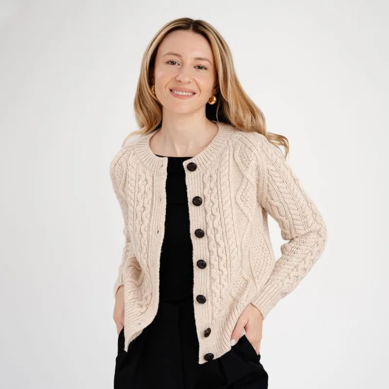 A20272 PARSNIP Colour Cropped Aran Knit Cardigan Opn Style  Gaelsong