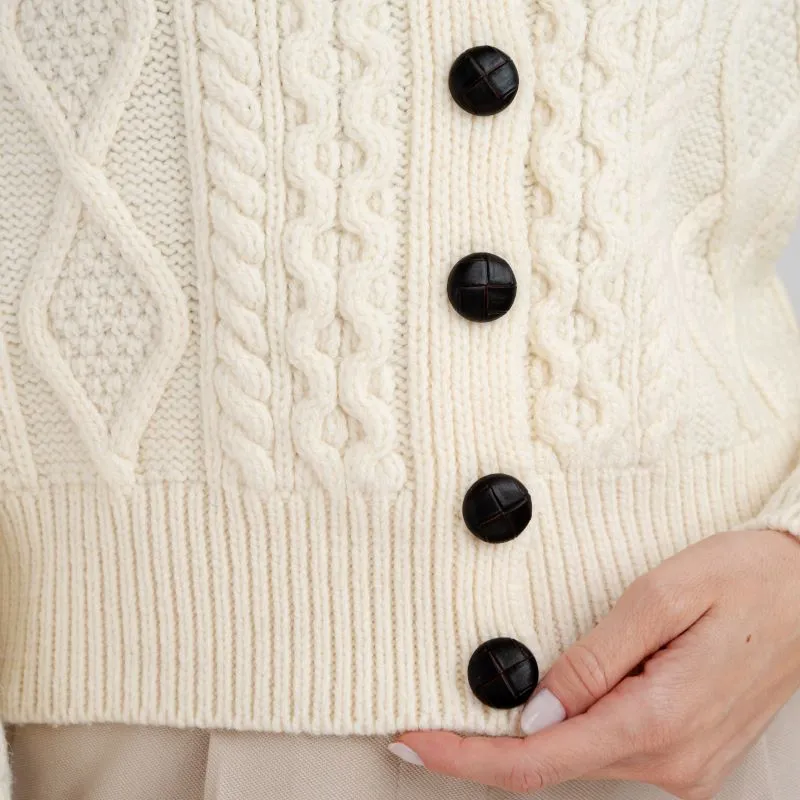 A20272 WHITE Colour Cropped Aran Knit Cardigan Closeup View Gaelsong