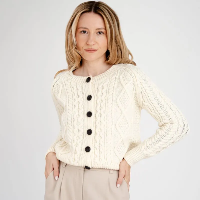 A20272 WHITE Colour Cropped Aran Knit Cardigan Gaelsong