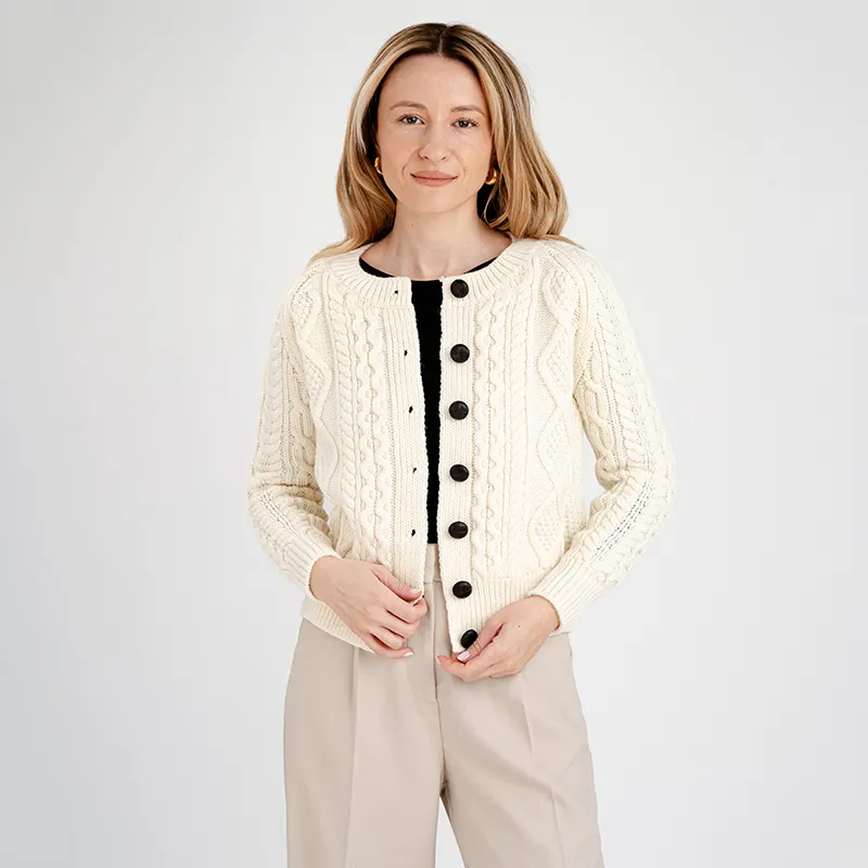 A20272 WHITE Colour Cropped Aran Knit Cardigan Open Buttons Gaelsong