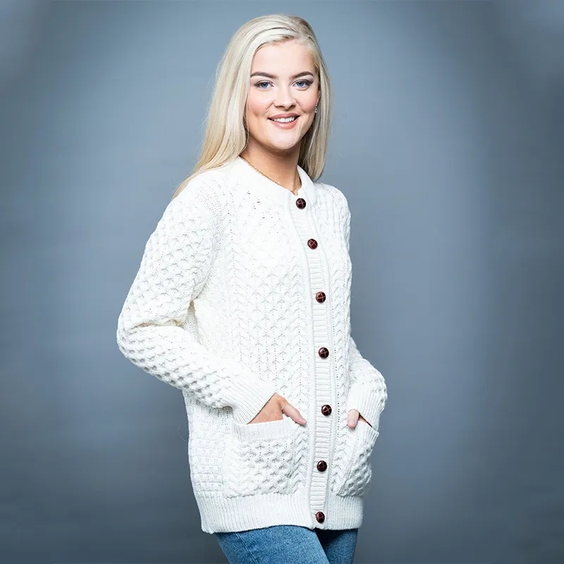 A20273 Merino Knit Aran Cardigan with Buttons Lifestyle Gaelsong
