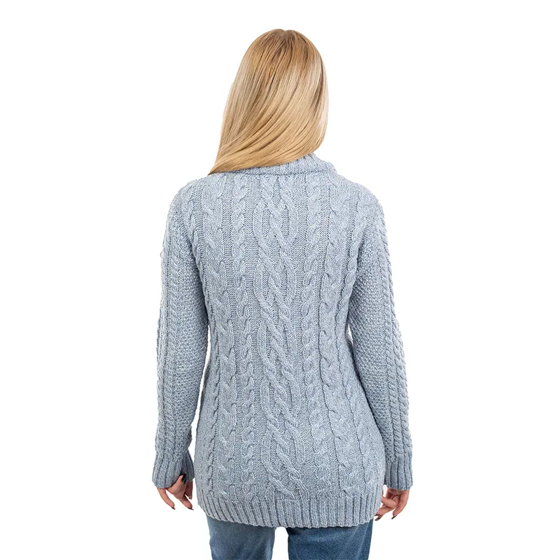 A20277 Blue Marl Merino Wool Aran Zip Cardigan for Ladies Back Side Gaelsong