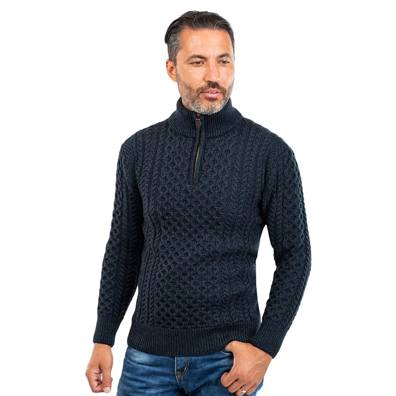A20278 BLACK Colour Honeycomb Half Zip Fisherman Sweater for Men Studio Gaelsong 