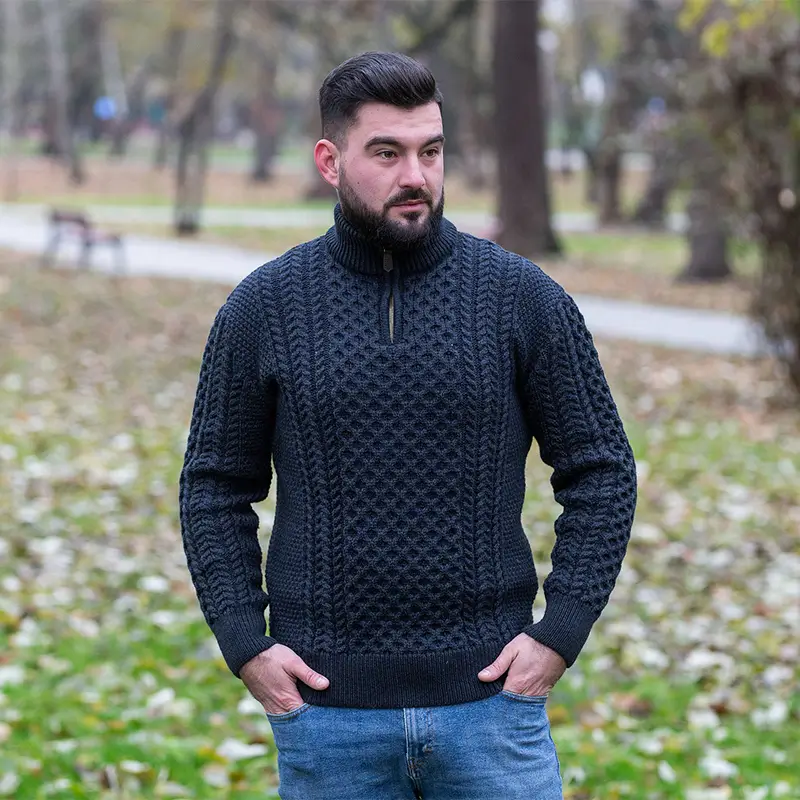 A20278 BLACK Colour Honeycomb Half Zip Fisherman Sweater for Men Lifestyle Gaelsong 