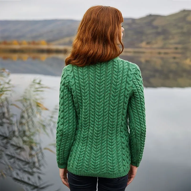 A20284 GREEN Colour Women's Merino Shawl Collar Irish Cardigan Back Side Gaelsong 