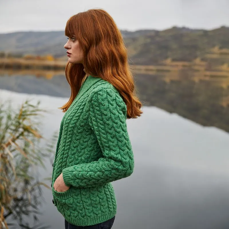 A20284 GREEN Colour Women's Merino Shawl Collar Irish Cardigan Side View Gaelsong 