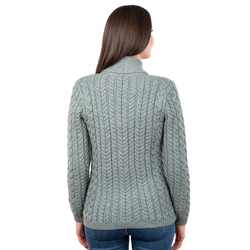 A20284 SKYLIGHT Colour Women's Merino Shawl Collar Irish Cardigan Studio Back Side Gaelsong 