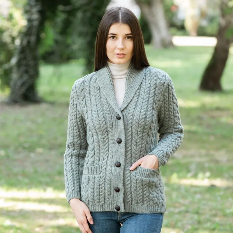 A20284 SKYLIGHT Colour Women's Merino Shawl Collar Irish Cardigan Gaelsong 