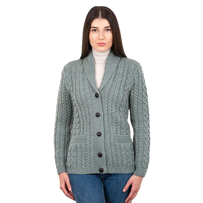 A20284 SKYLIGHT Colour Women's Merino Shawl Collar Irish Cardigan Studio Gaelsong 