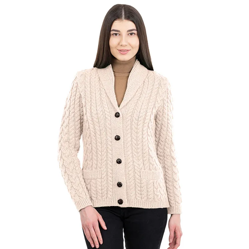 A20284 NATURAL WHITE Colour Women's Merino Shawl Collar Irish Cardigan Gaelsong 