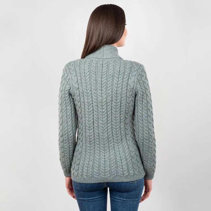 A20284 MISTY BLUE Colour Women's Merino Shawl Collar Irish Cardigan  Gaelsong 